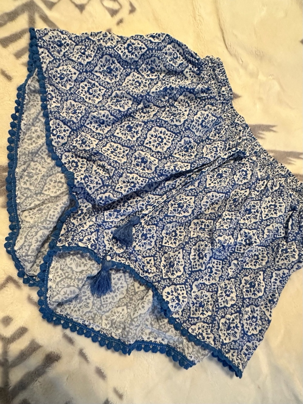 Matilda Jane Blue and White Pom-Trim Printed Women's Shorts